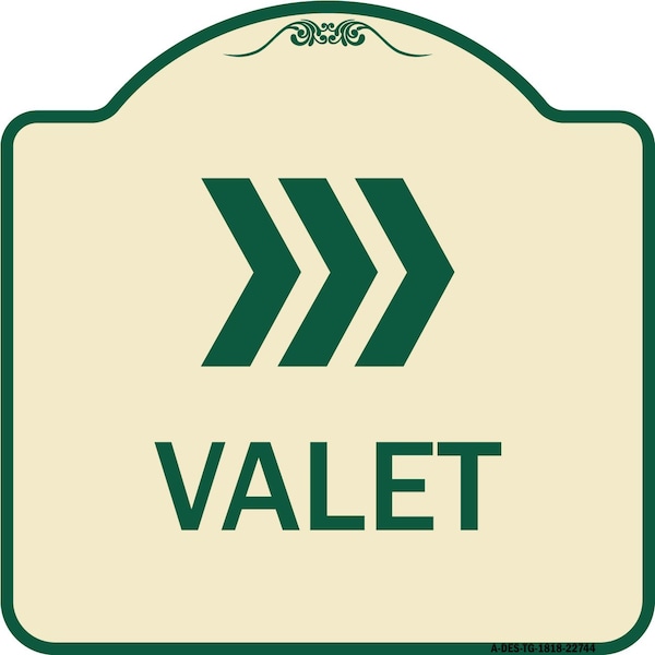 Designer Series Valet Right Arrow, Tan & Green Heavy-Gauge Aluminum Sign, 18" x 18", TG-1818-22744